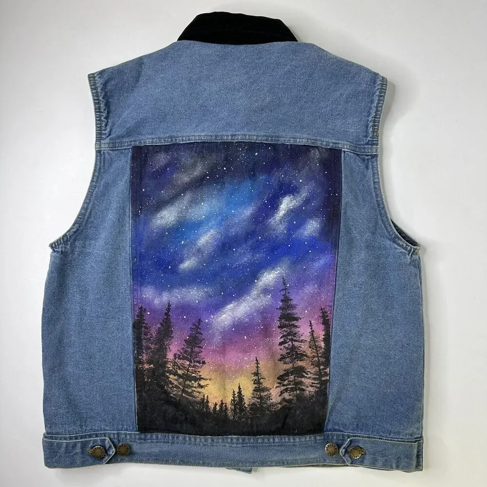 Vintage Hand Painted Denim Vest Womens Size M Forest‎ Stars Generra Art To Wear